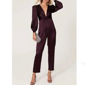 leena for Mac Duggal Plum V-neck Jumpsuit satin Bordeaux size 2